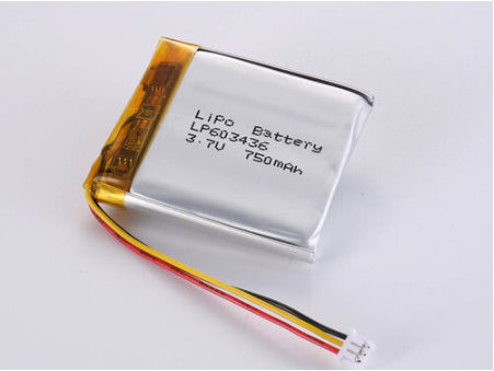 ซื้อ LP603436 3.7V 750 MAH แบตเตอรี่พอลิเมอร์ลิตียมพริสมาติก เงิน เคมีสําหรับการทํางาน การผลิตออนไลน์