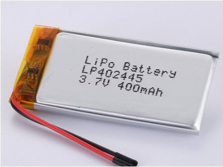 LP402445 3.7V 400MAH แบตเตอรี่พอลิเมอร์ลิตียมพีวีซีสีเงินและโปร่งใส พร้อมสาย 50 มม สายสีแดงและสายสีดํา